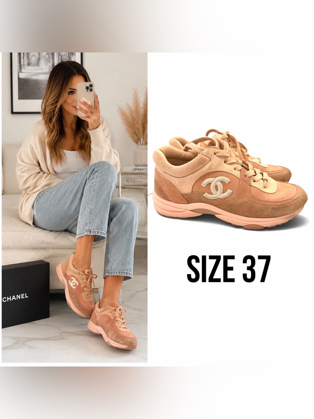 Chanel women cc blush pink peach pastel sneaker tan runners size 37
